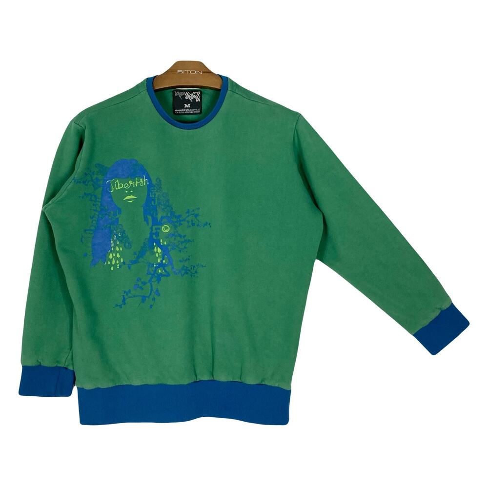 JIBBERISH Sweatshirt Men M  VTG Y2K Green-Blue Lady-Graphic. Long-Sleeve Cotton